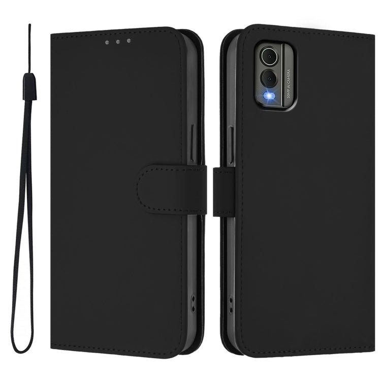For Nokia C32 Skin Feel Solid Color Leather Phone Case with Lanyard