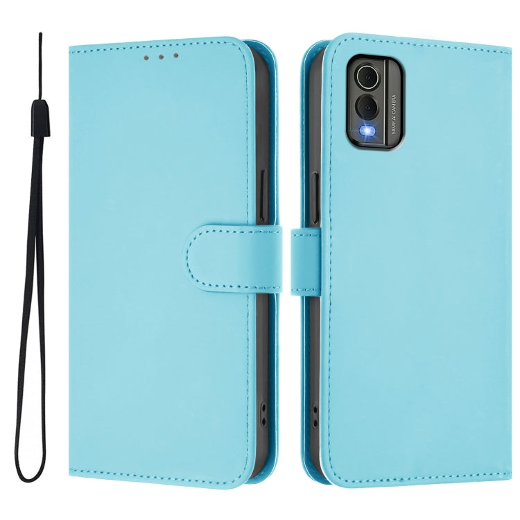 For Nokia C32 Skin Feel Solid Color Leather Phone Case with Lanyard