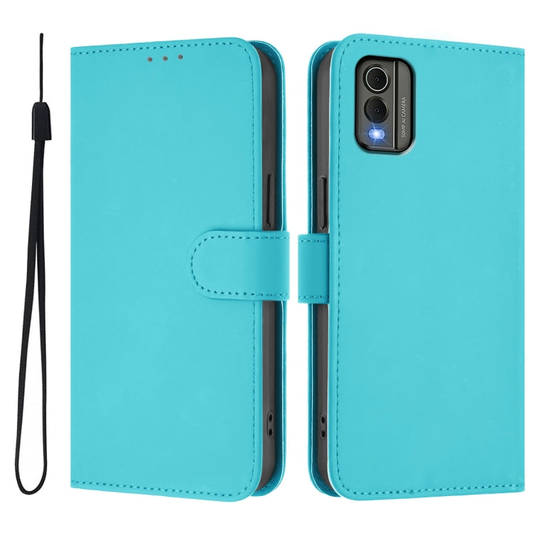 For Nokia C32 Skin Feel Solid Color Leather Phone Case with Lanyard