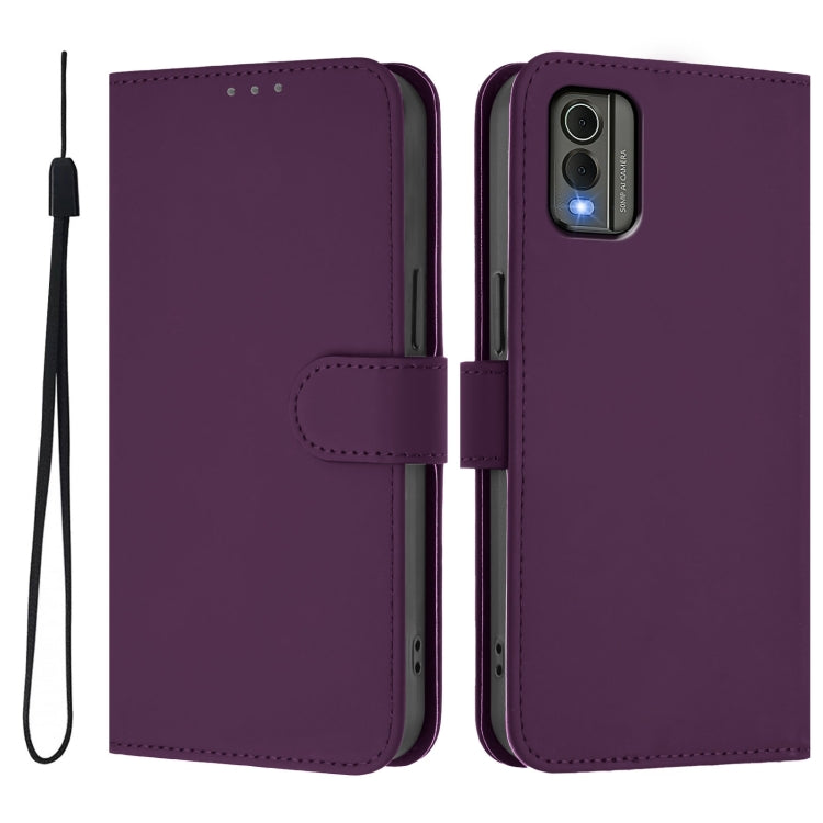 For Nokia C32 Skin Feel Solid Color Leather Phone Case with Lanyard