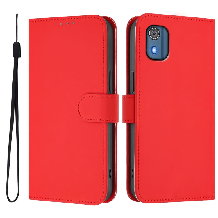 For Nokia C02 Skin Feel Solid Color Leather Phone Case with Lanyard