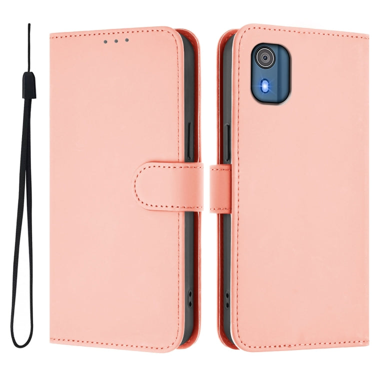 For Nokia C02 Skin Feel Solid Color Leather Phone Case with Lanyard