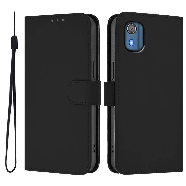 For Nokia C02 Skin Feel Solid Color Leather Phone Case with Lanyard