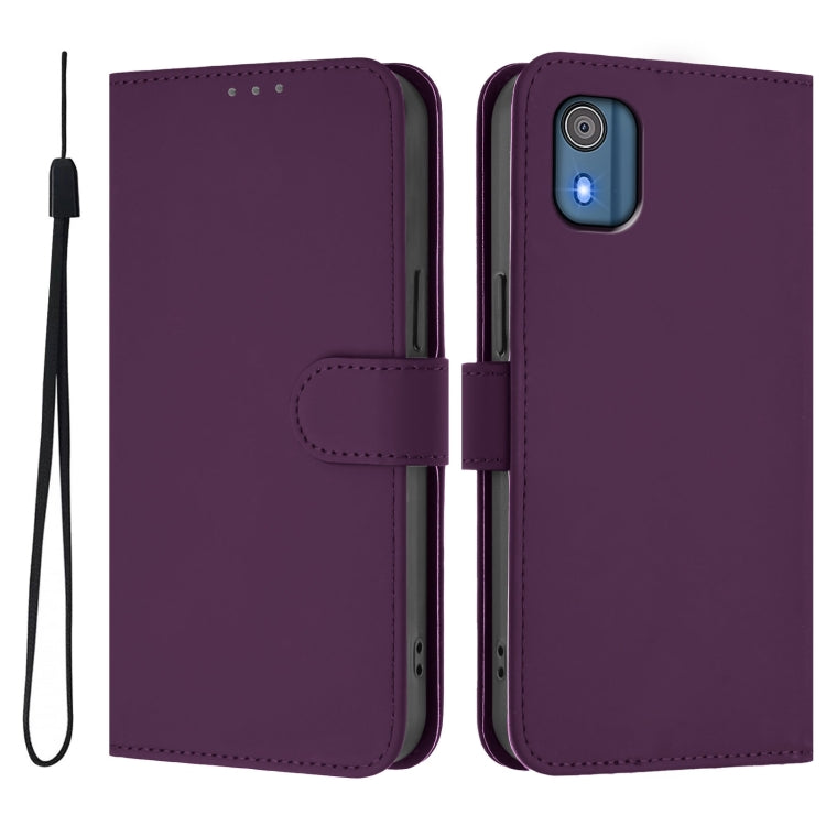 For Nokia C02 Skin Feel Solid Color Leather Phone Case with Lanyard