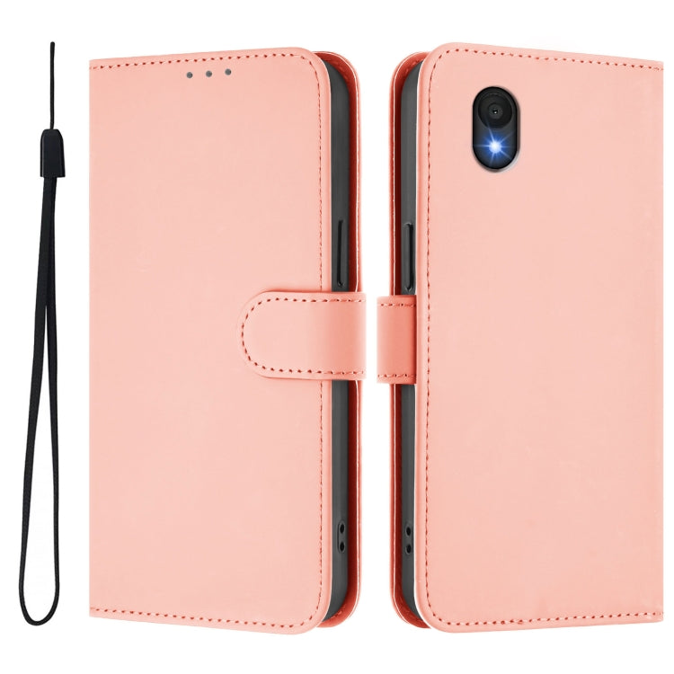 For TCL 201 Skin Feel Solid Color Leather Phone Case with Lanyard