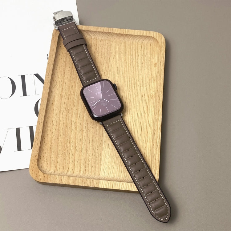 For Apple Watch 46mm / 49mm / 45mm / 44mm Striations Genuine Leather Butterfly Buckle Watch Band