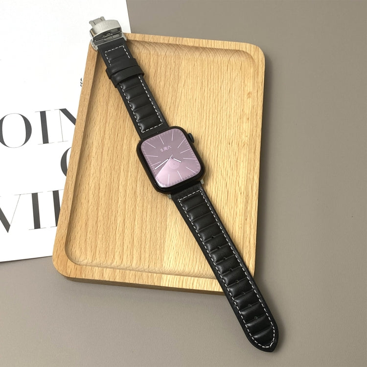 For Apple Watch 46mm / 49mm / 45mm / 44mm Striations Genuine Leather Butterfly Buckle Watch Band