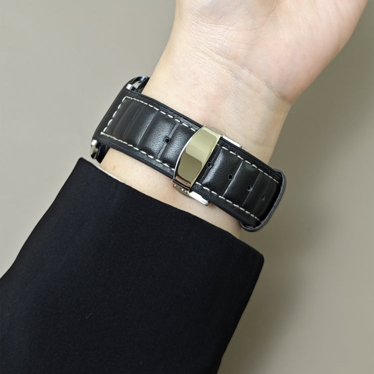 For Apple Watch 46mm / 49mm / 45mm / 44mm Striations Genuine Leather Butterfly Buckle Watch Band