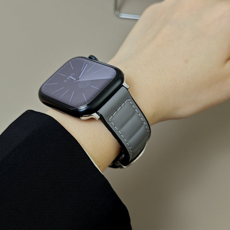 For Apple Watch 46mm / 49mm / 45mm / 44mm Striations Genuine Leather Butterfly Buckle Watch Band