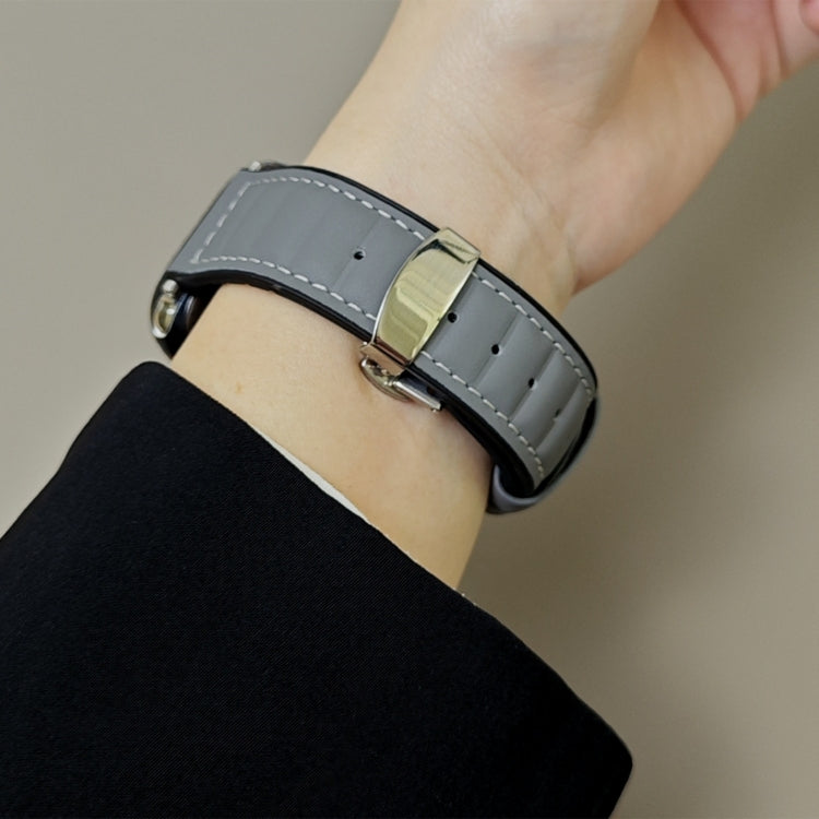 For Apple Watch 46mm / 49mm / 45mm / 44mm Striations Genuine Leather Butterfly Buckle Watch Band