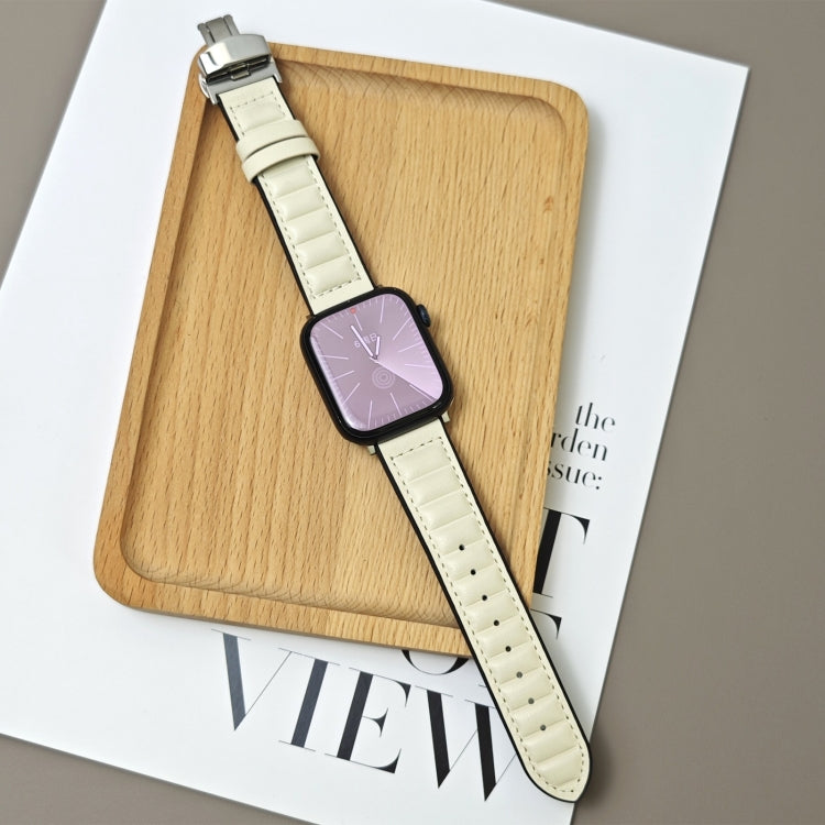 For Apple Watch 46mm / 49mm / 45mm / 44mm Striations Genuine Leather Butterfly Buckle Watch Band
