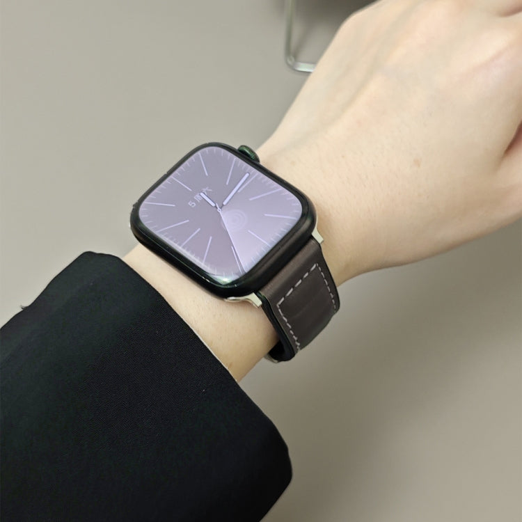 For Apple Watch 46mm / 49mm / 45mm / 44mm Striations Genuine Leather Butterfly Buckle Watch Band