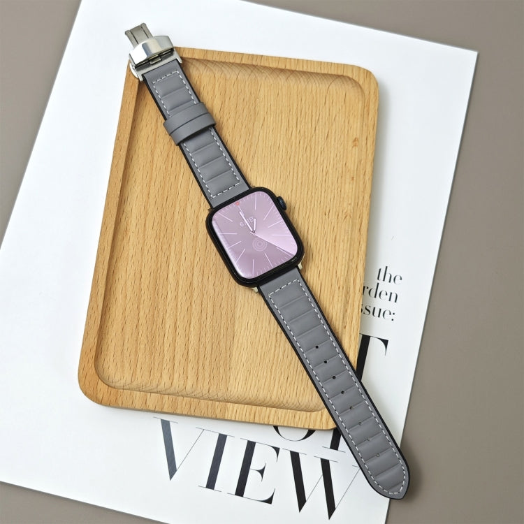 For Apple Watch 42mm / 41mm / 40mm / 38mm Striations Genuine Leather Butterfly Buckle Watch Band