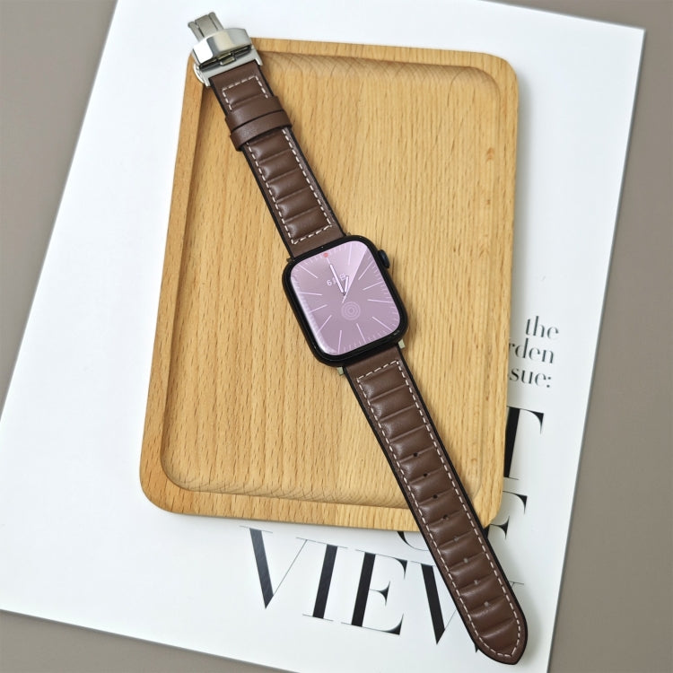 For Apple Watch 42mm / 41mm / 40mm / 38mm Striations Genuine Leather Butterfly Buckle Watch Band