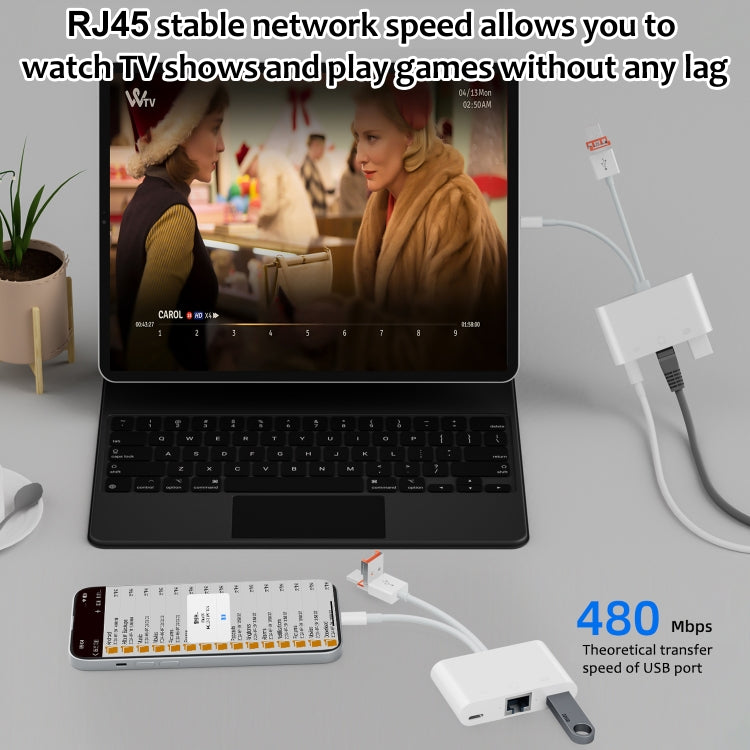 NK-107TL Pro USB-C / Type-C, 8 Pin, USB to 8 Pin, USB, RJ45 Multi-function Adapter - White