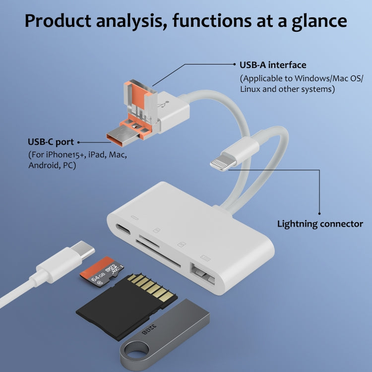 NK-108TL Pro USB-C / Type-C, 8 Pin, USB to USB-C / Type-C, USB, TF, SD Card Multi-function Card Reader Adapter - White