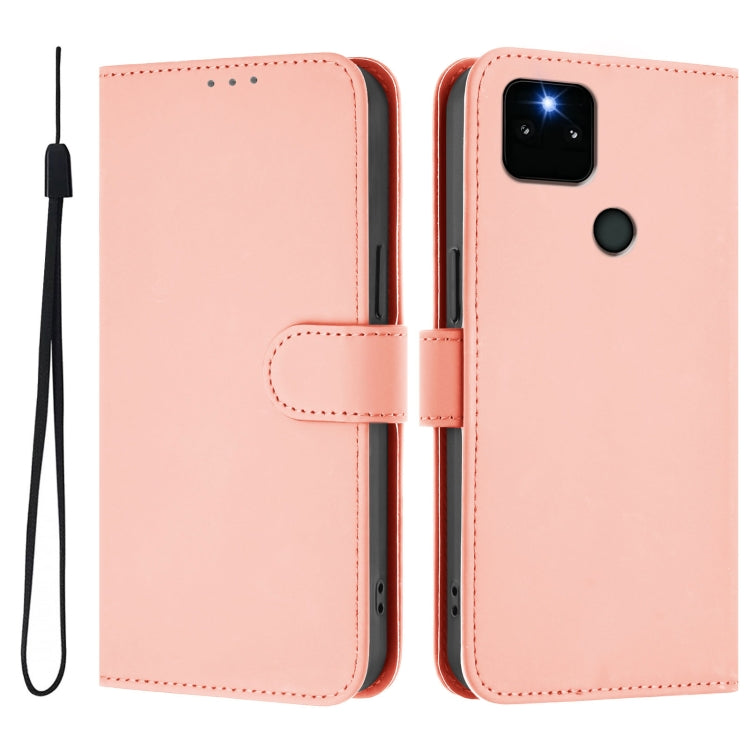 For Google Pixel 5a Skin Feel Solid Color Leather Phone Case with Lanyard