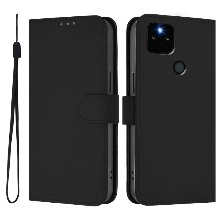 For Google Pixel 5a Skin Feel Solid Color Leather Phone Case with Lanyard
