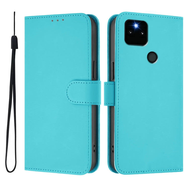 For Google Pixel 5a Skin Feel Solid Color Leather Phone Case with Lanyard
