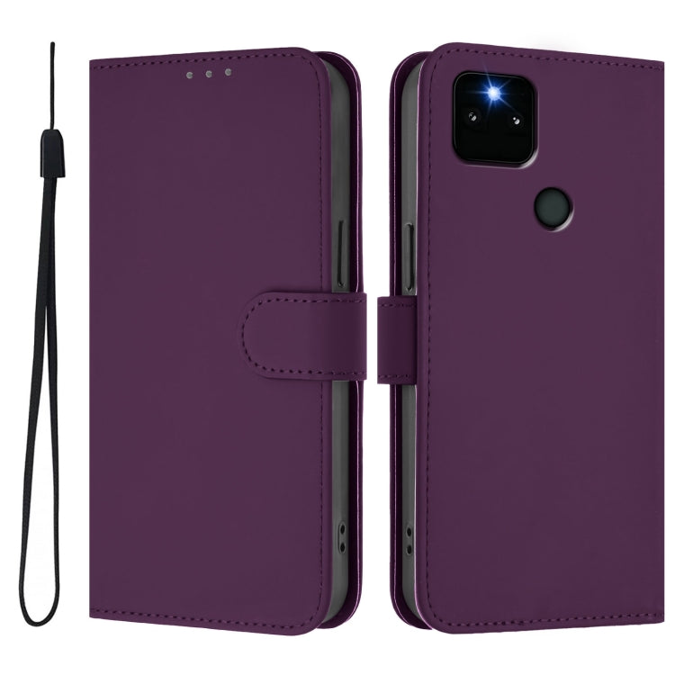 For Google Pixel 5a Skin Feel Solid Color Leather Phone Case with Lanyard