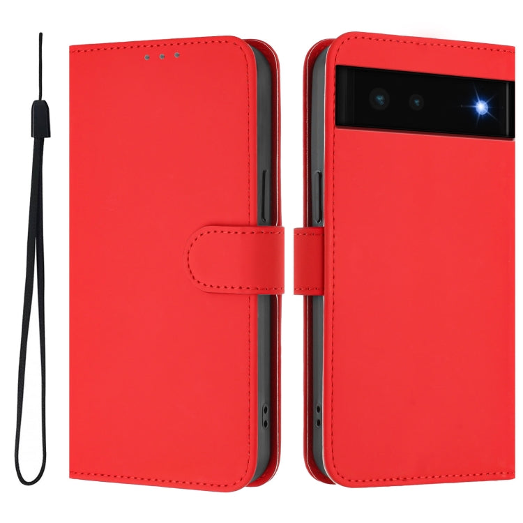 For Google Pixel 6 Skin Feel Solid Color Leather Phone Case with Lanyard