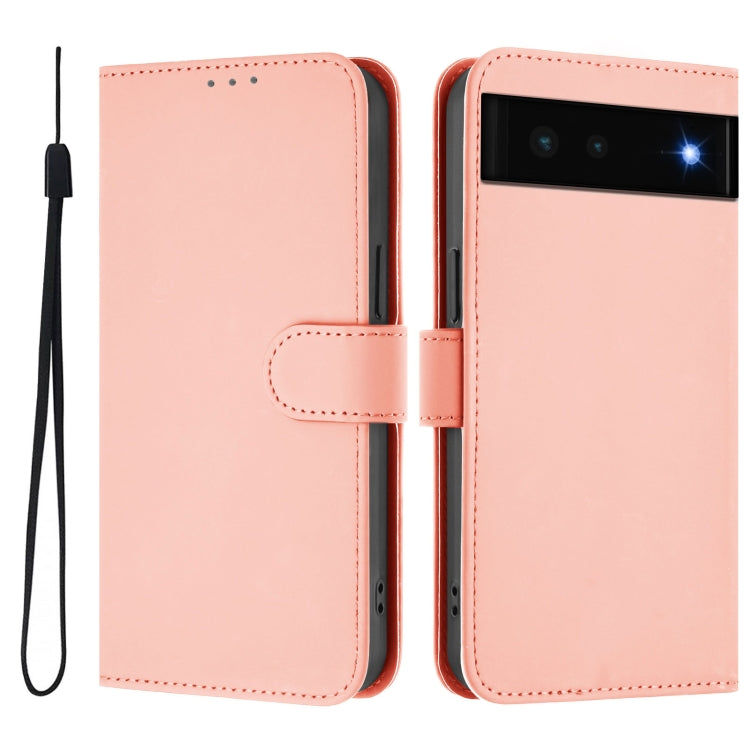 For Google Pixel 6 Skin Feel Solid Color Leather Phone Case with Lanyard