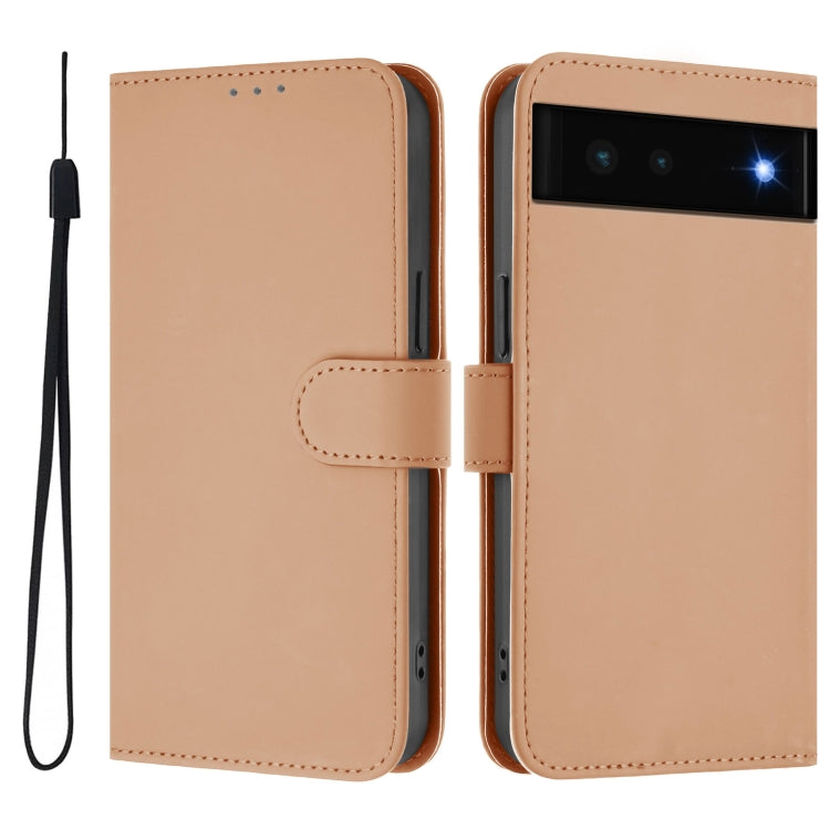 For Google Pixel 6 Skin Feel Solid Color Leather Phone Case with Lanyard