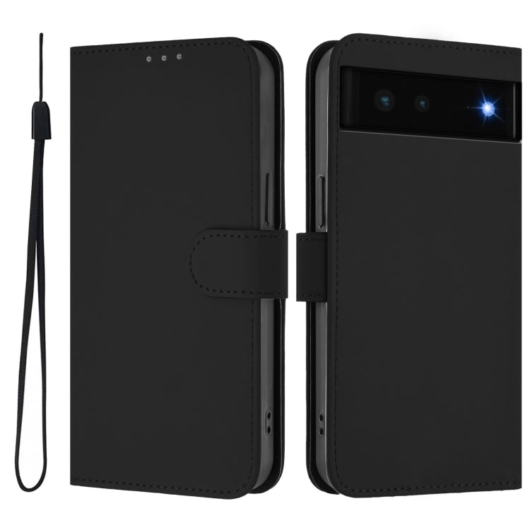 For Google Pixel 6 Skin Feel Solid Color Leather Phone Case with Lanyard