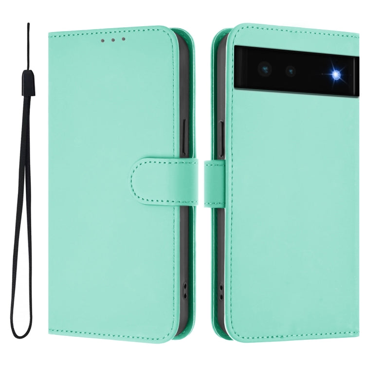 For Google Pixel 6 Skin Feel Solid Color Leather Phone Case with Lanyard