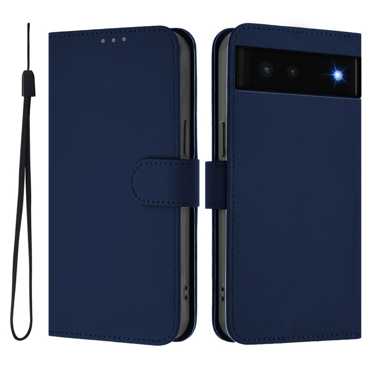 For Google Pixel 6 Skin Feel Solid Color Leather Phone Case with Lanyard