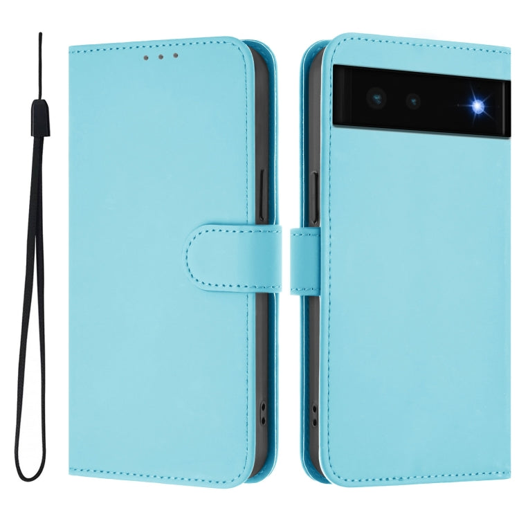 For Google Pixel 6 Skin Feel Solid Color Leather Phone Case with Lanyard