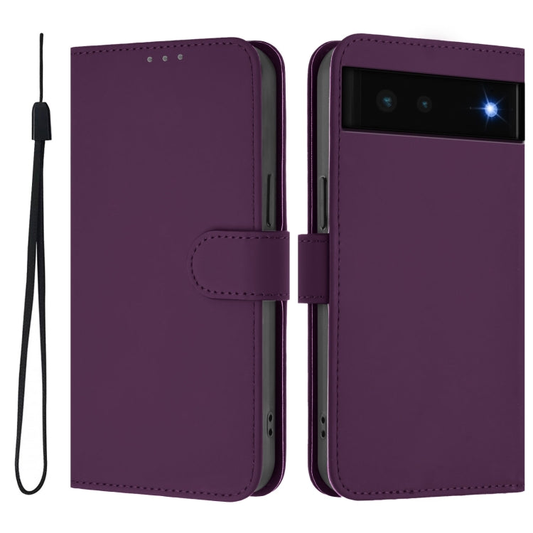 For Google Pixel 6 Skin Feel Solid Color Leather Phone Case with Lanyard