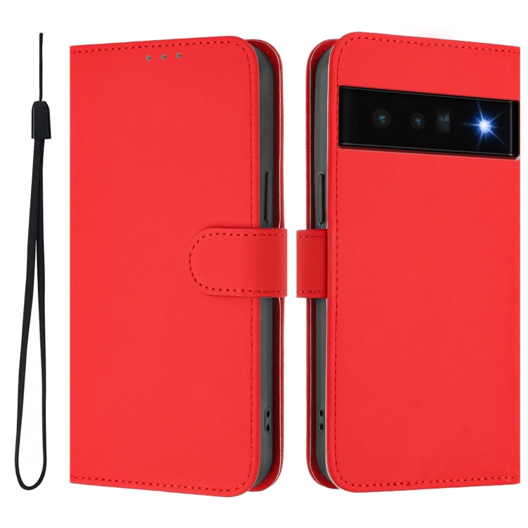 For Google Pixel 6 Pro Skin Feel Solid Color Leather Phone Case with Lanyard