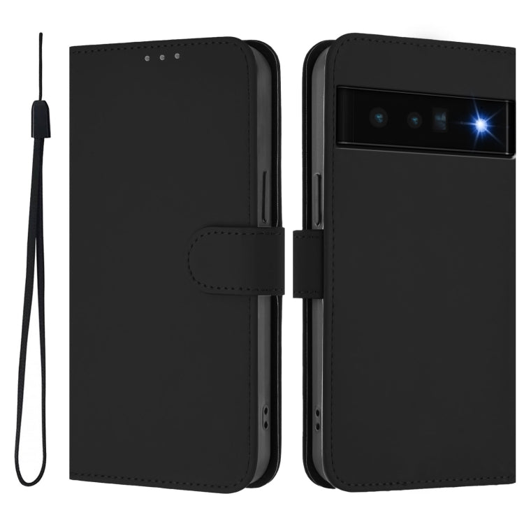 For Google Pixel 6 Pro Skin Feel Solid Color Leather Phone Case with Lanyard