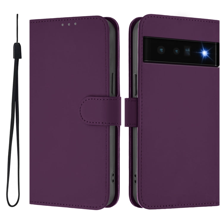 For Google Pixel 6 Pro Skin Feel Solid Color Leather Phone Case with Lanyard