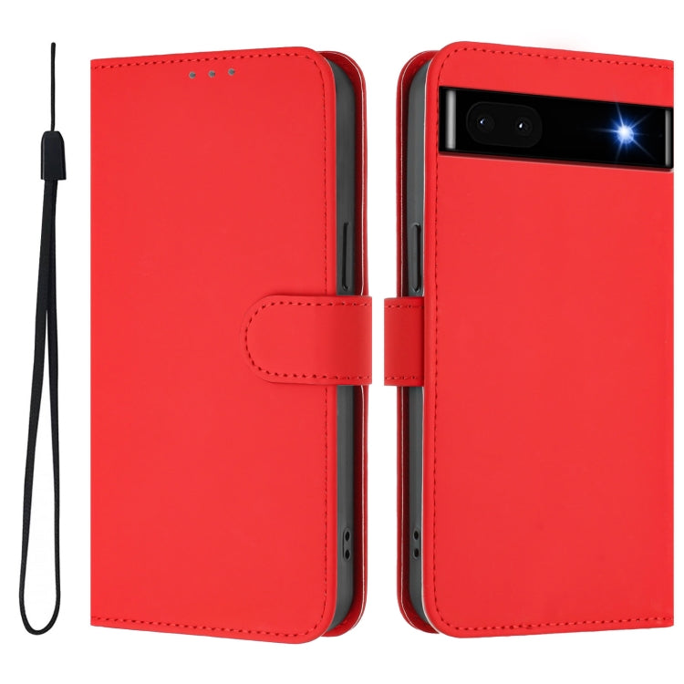 For Google Pixel 6a Skin Feel Solid Color Leather Phone Case with Lanyard