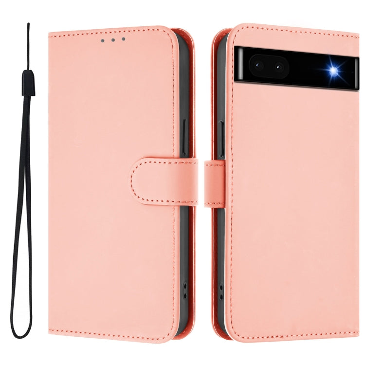For Google Pixel 6a Skin Feel Solid Color Leather Phone Case with Lanyard