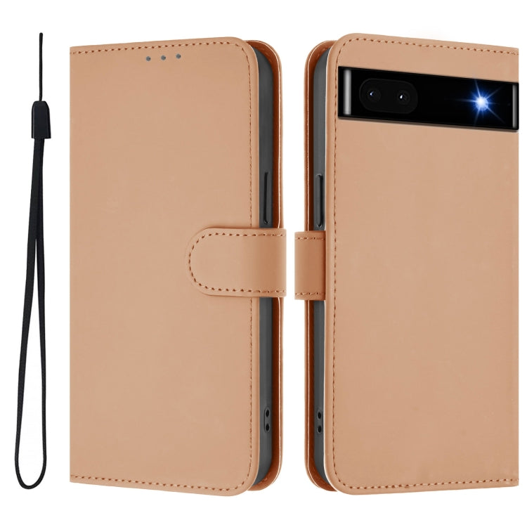 For Google Pixel 6a Skin Feel Solid Color Leather Phone Case with Lanyard