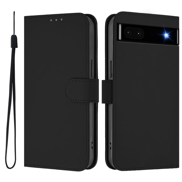 For Google Pixel 6a Skin Feel Solid Color Leather Phone Case with Lanyard