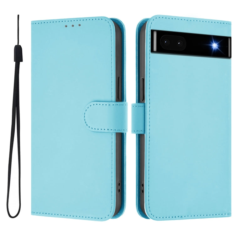 For Google Pixel 6a Skin Feel Solid Color Leather Phone Case with Lanyard