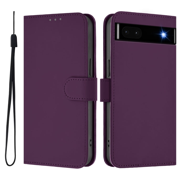 For Google Pixel 6a Skin Feel Solid Color Leather Phone Case with Lanyard
