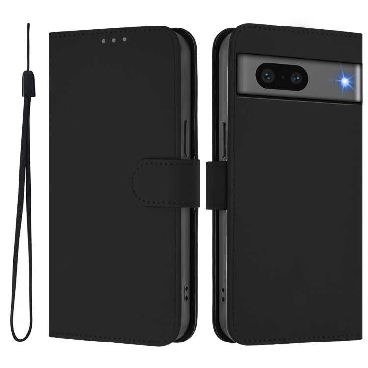 For Google Pixel 7 Skin Feel Solid Color Leather Phone Case with Lanyard