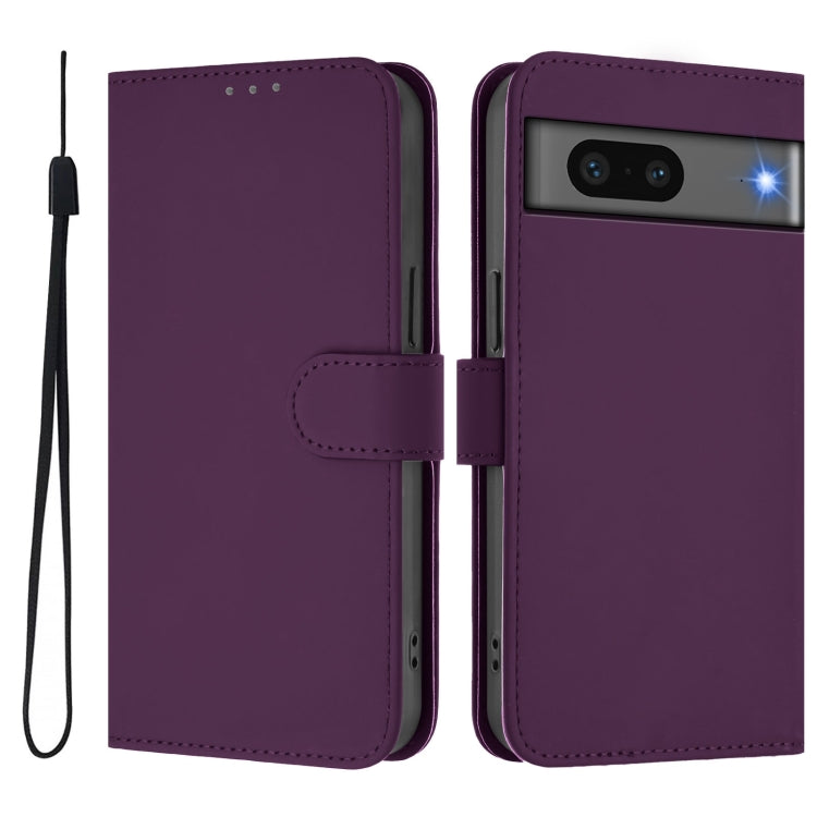 For Google Pixel 7 Skin Feel Solid Color Leather Phone Case with Lanyard