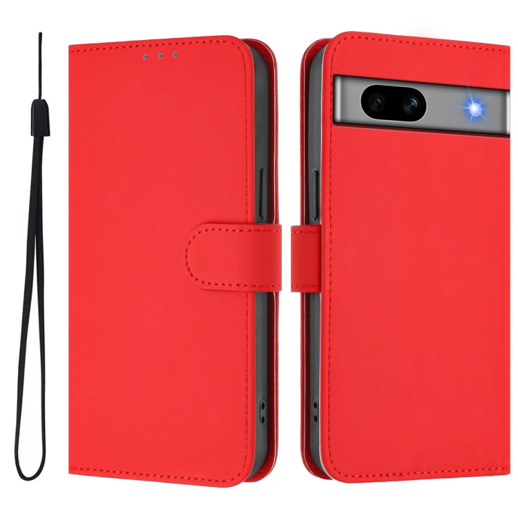 For Google Pixel 7a Skin Feel Solid Color Leather Phone Case with Lanyard
