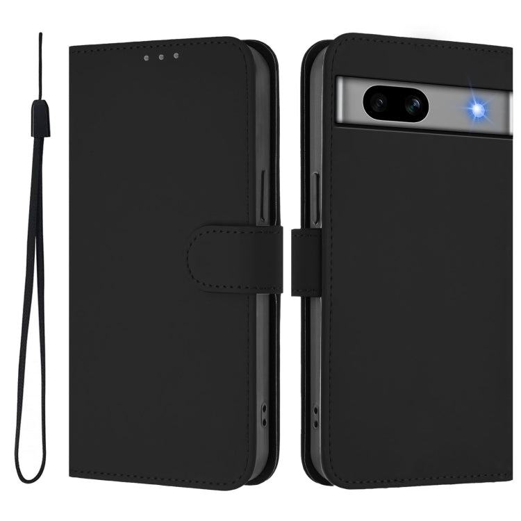 For Google Pixel 7a Skin Feel Solid Color Leather Phone Case with Lanyard