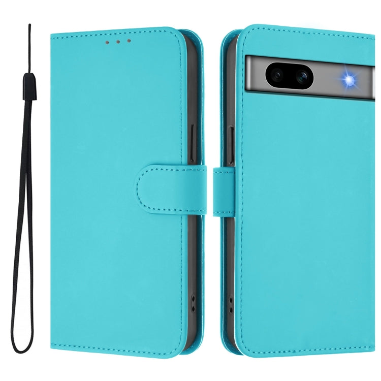 For Google Pixel 7a Skin Feel Solid Color Leather Phone Case with Lanyard