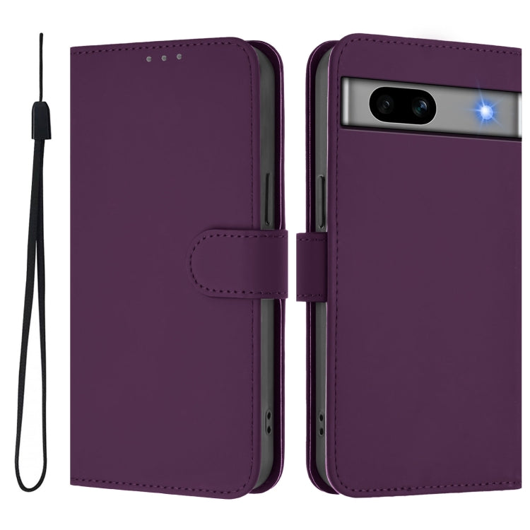 For Google Pixel 7a Skin Feel Solid Color Leather Phone Case with Lanyard