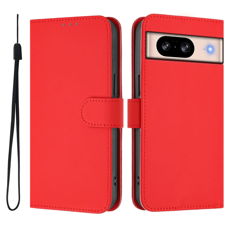 For Google Pixel 8 Skin Feel Solid Color Leather Phone Case with Lanyard