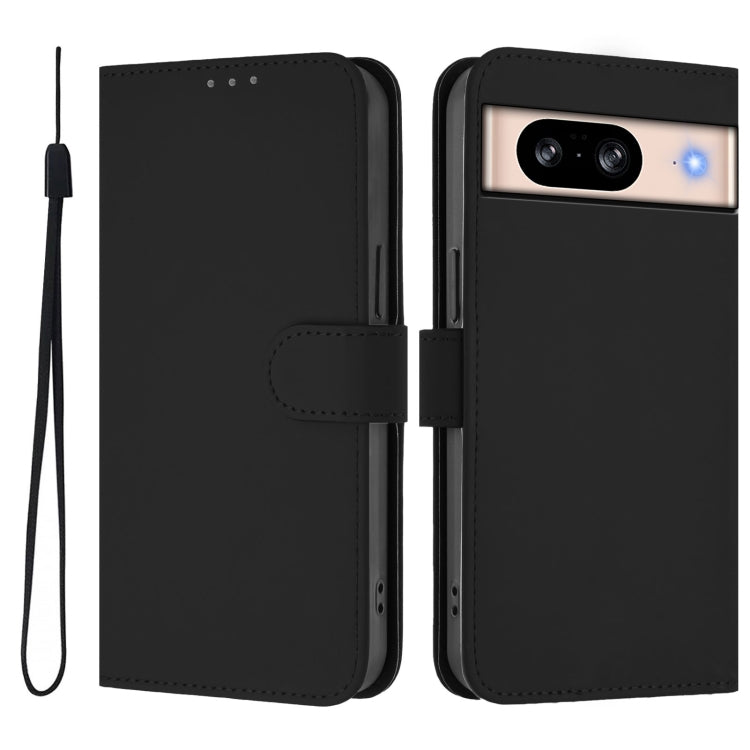 For Google Pixel 8 Skin Feel Solid Color Leather Phone Case with Lanyard