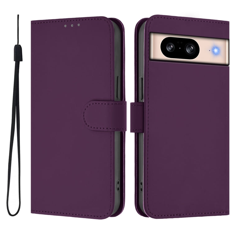 For Google Pixel 8 Skin Feel Solid Color Leather Phone Case with Lanyard